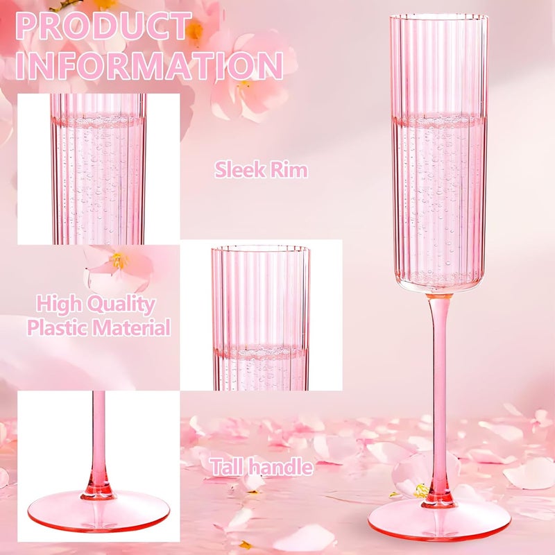 Joyido 36 Pack Pink Plastic Champagne Flutes - 6oz Ribbed Disposable Champagne Glasses - Clear Pink Vintage Mimosa Glasses with Long Stem Elegant & Lightweight for Valentine's Day Wedding Party - Image 3